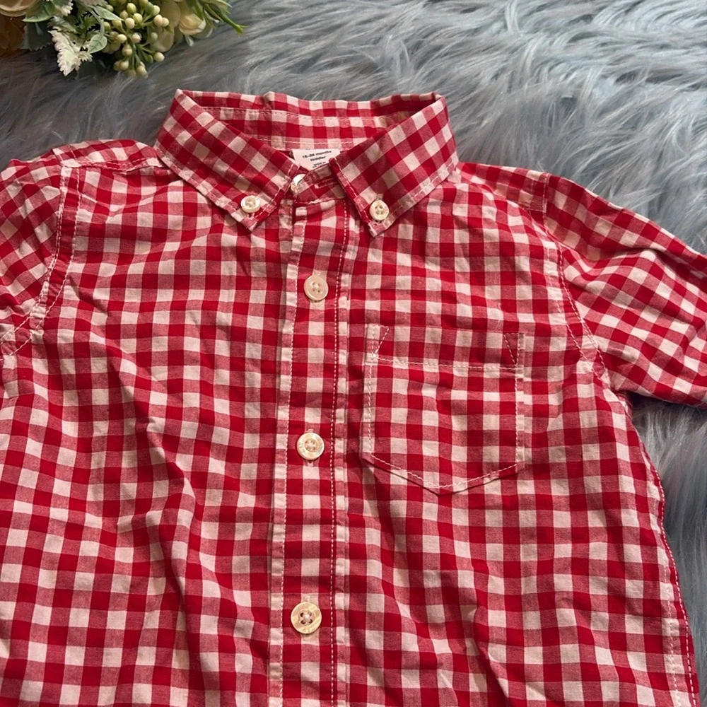 Baby Gap Red White Gingham Short Sleeve Button Down Shirt sz 18-24 months